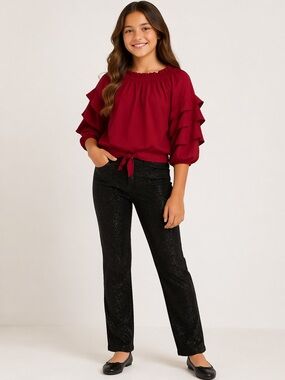 Habitual • NWT Ruffled Sleeve Tie-Front Top in Deep Red/pink